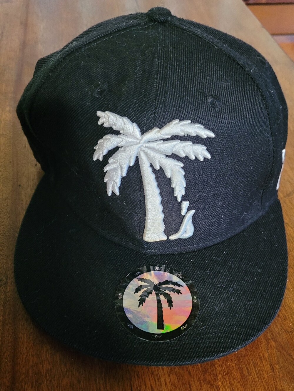 Black Snapback Hat with White Embroidered Palm Tree (C02)